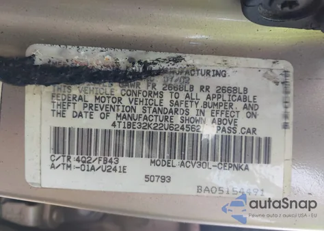 2002 Toyota Camry Le from USA, damaged, VIN 4T1BE32K22U624562